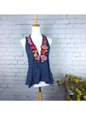 Free People Striped Floral Surplice Racerback Tank Top Blue XS
